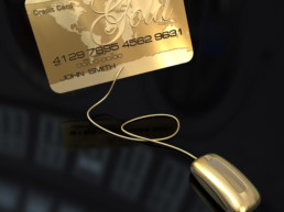 A gold credit card connected to a golden computer mouse on a black background