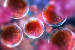 Cells of the body under a microscope. Viruses in the body. Research of stem cells. Cellular Therapy and Regeneration. 3d illustration on a medical theme