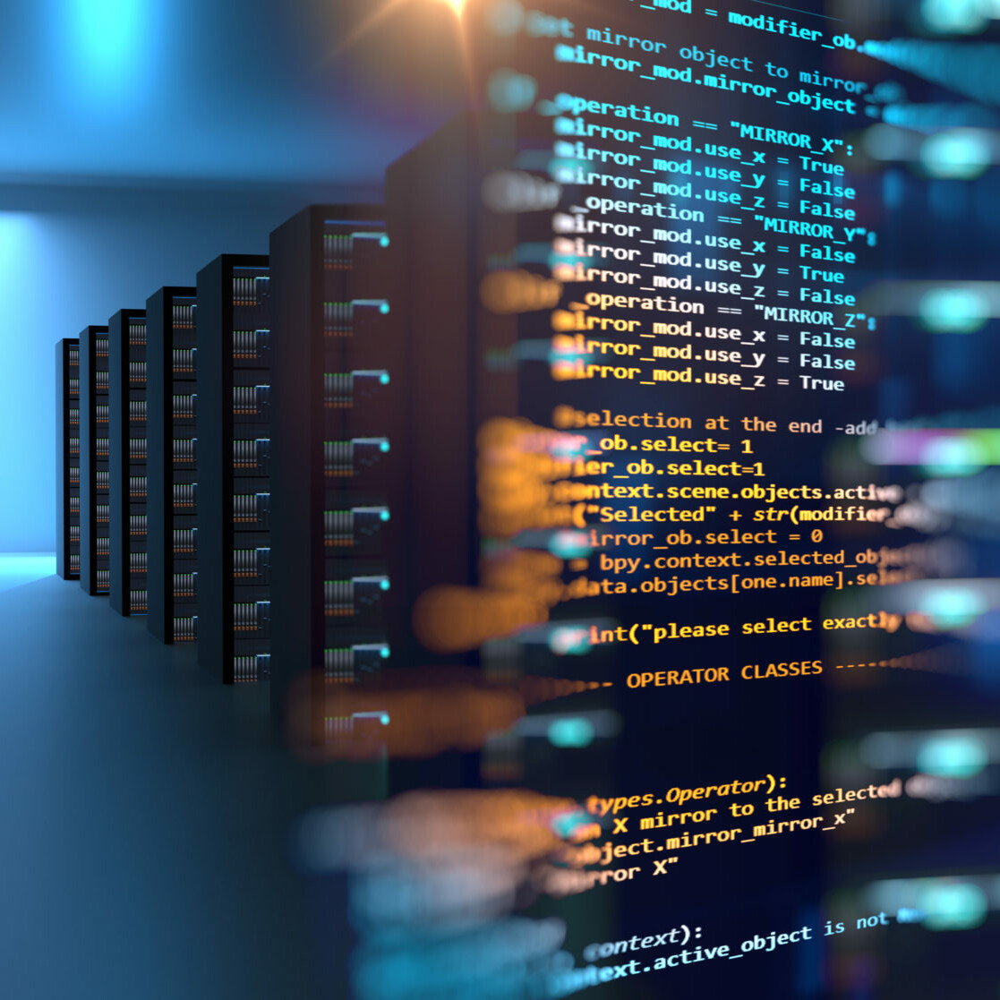 server room 3d illustration with node base programming data design element.